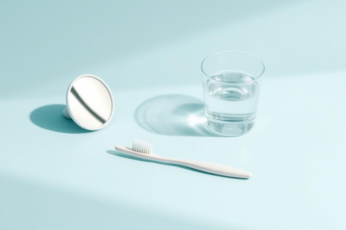 Brosse à dents, miroir dentaire et verre d’eau sur fond bleu clair